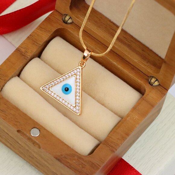 "Triangle Evil Eye Rose Gold Pendant with Cubic Zirconia Border, XPPT1474 - Picture 9 of 13